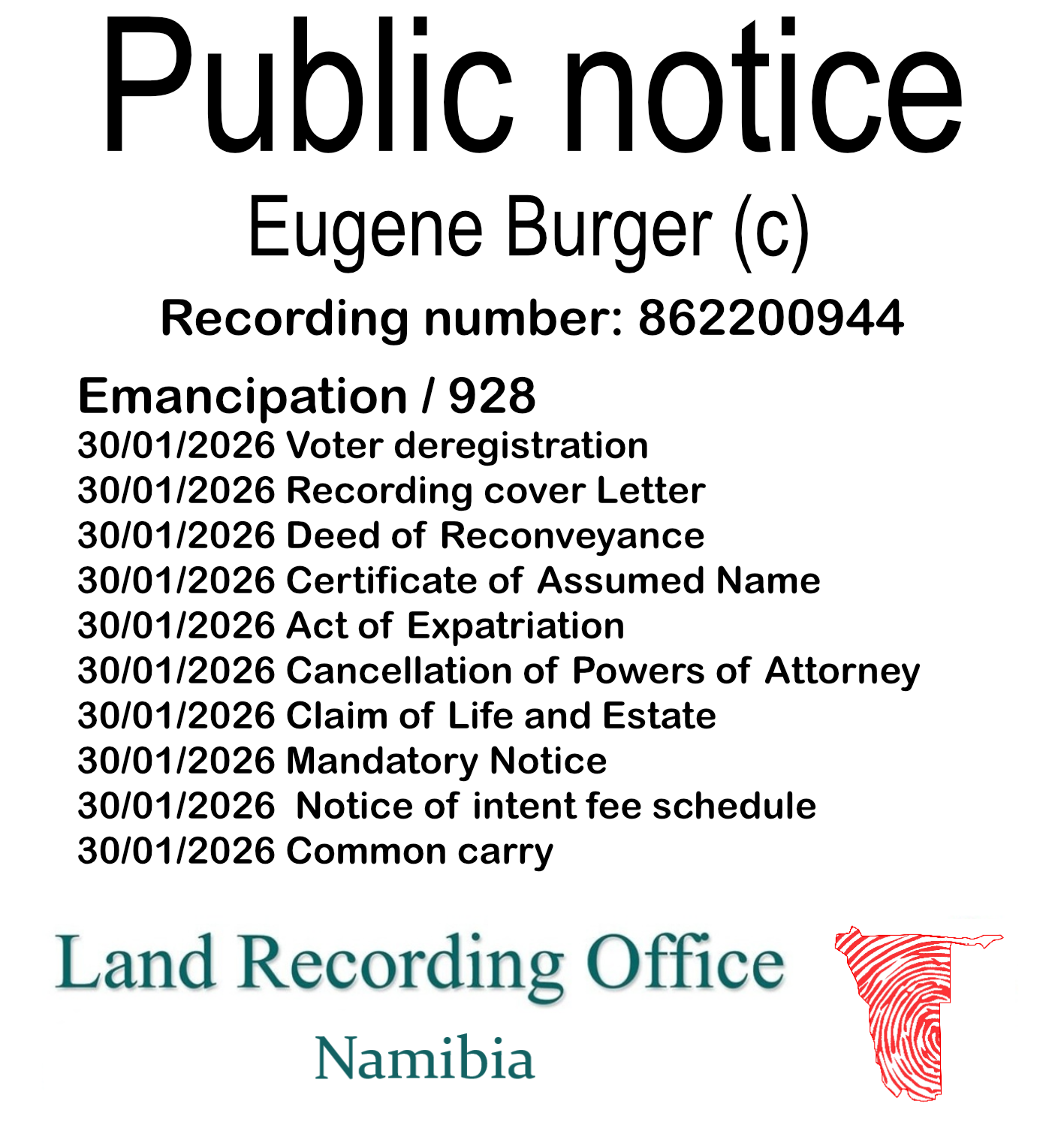 Public notice Eugene Burger Recording number 862200944